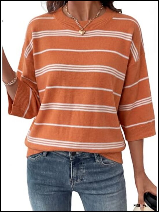 Sweaters - Oversized 3/4 Sleeve Striped Crewneck Lightweight Knit Pullover Sweater